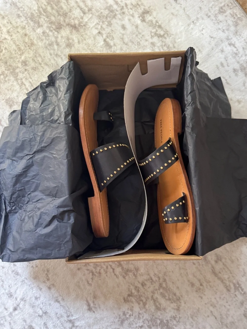Free People Black Leather Studded Toe-Loop Sandals with Tan Footbed